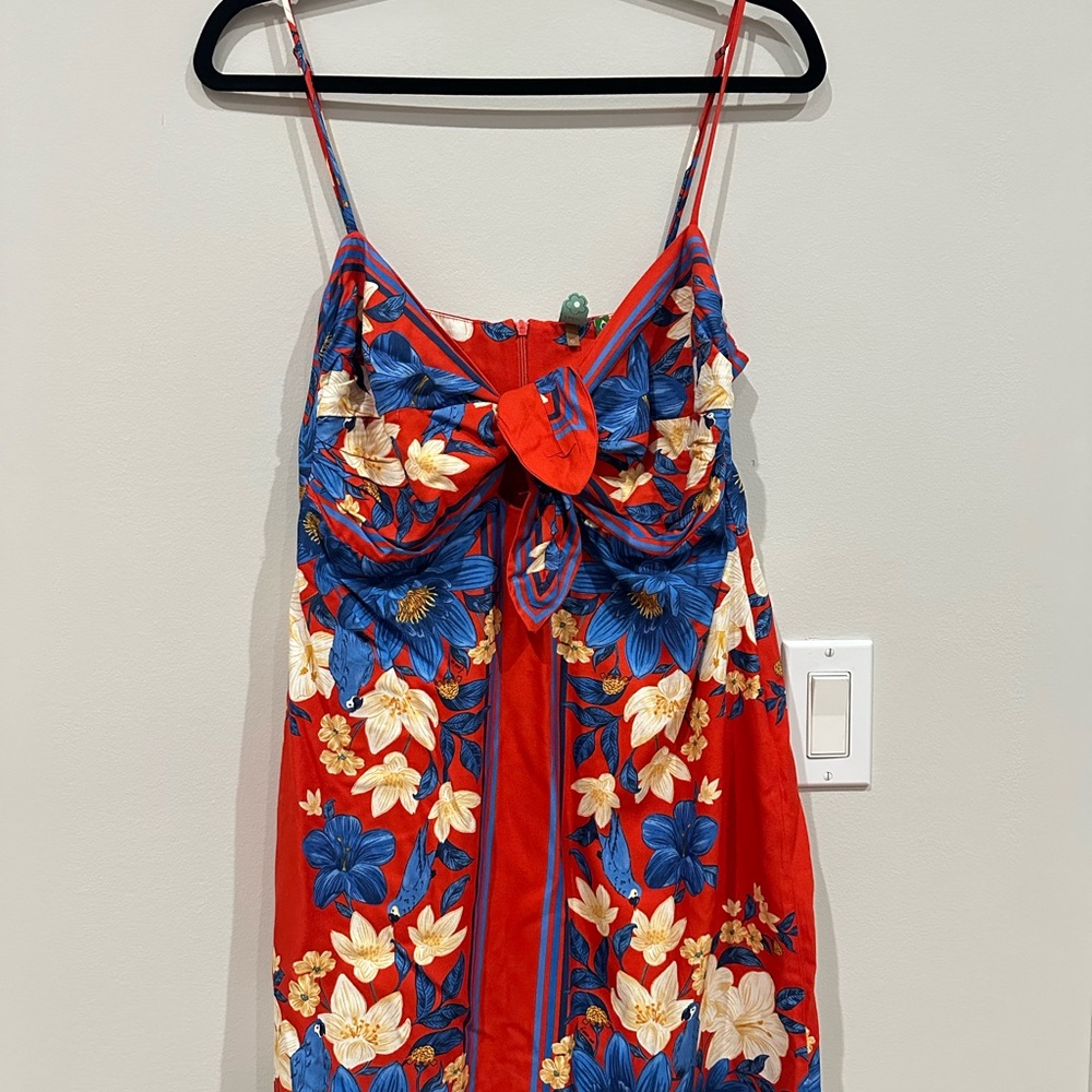 FARM Rio Vibrant Red Midi Dress with Blue and White Floral Design - Picture 2 of 2